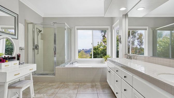 Bathroom, Dual Sink Vanities, Glass Shower, Interior, Recessed Lighting, Tile Countertops