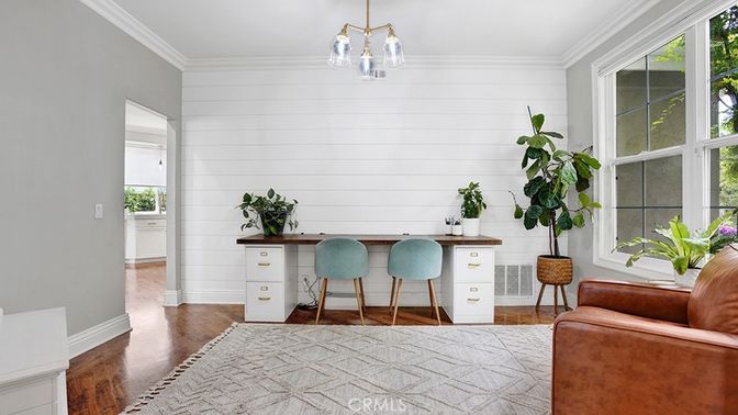 Home Office, Interior, Pendant Lights, Wood Texture Flooring