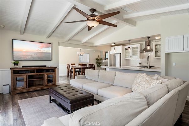 Dining room, Interior, Kitchen, Living room, Pendant Lights, Stainless Steel Appliances, Wood Texture Flooring
