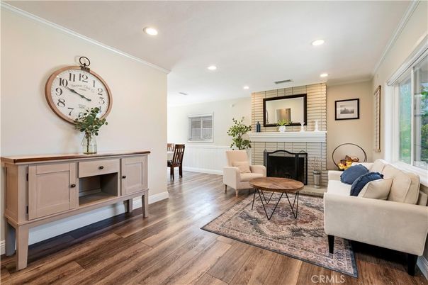 Fireplace, Interior, Living room, Recessed Lighting, Wood Texture Flooring