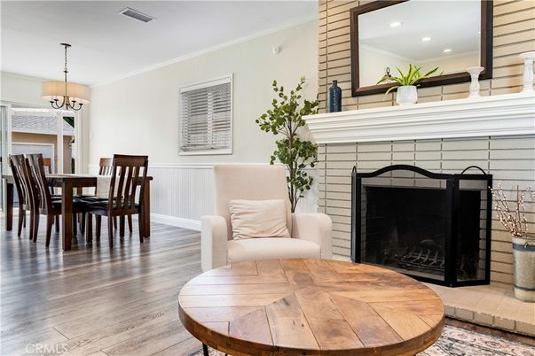 Dining room, Fireplace, Interior, Pendant Lights, Recessed Lighting, Wood Texture Flooring