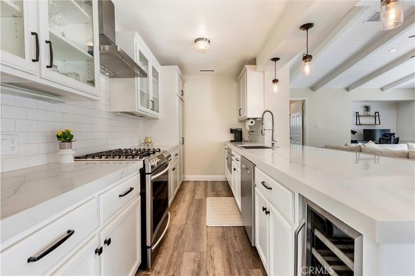 Interior, Kitchen, Pendant Lights, Stainless Steel Appliances, Wood Texture Flooring