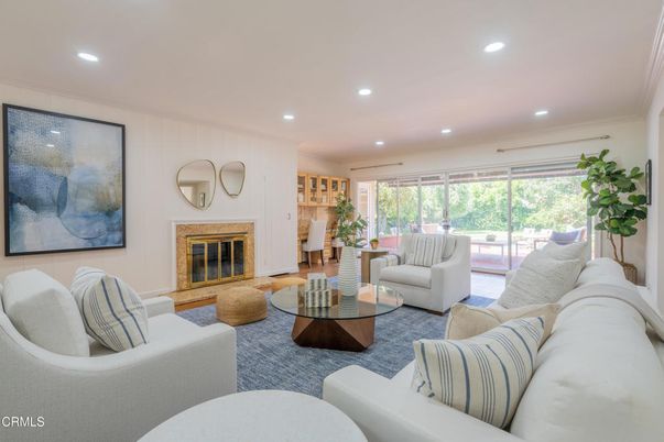 Fireplace, Interior, Living room, Recessed Lighting, Wood Texture Flooring