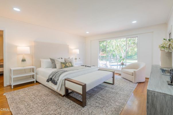 Bedroom, Interior, Recessed Lighting, Wood Texture Flooring