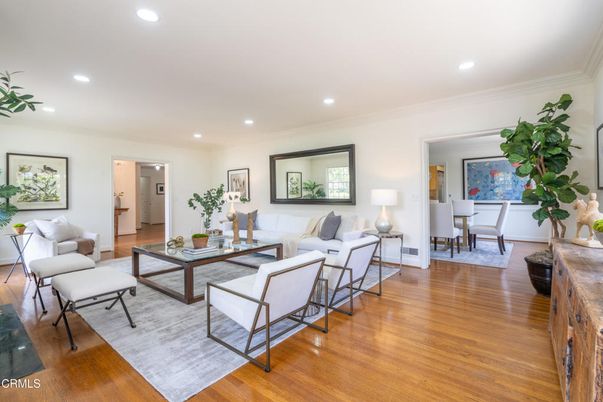 Dining room, Interior, Living room, Recessed Lighting, Wood Texture Flooring