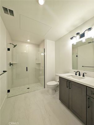Bathroom, Dual Sink Vanities, Glass Shower, Interior, Marble, Recessed Lighting