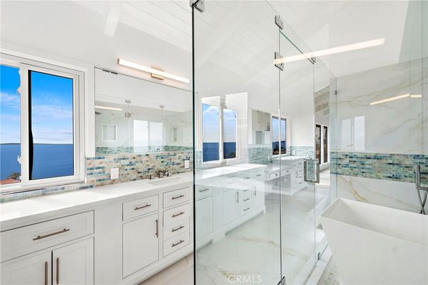 Bathroom, Dual Sink Vanities, Free Standing Baths, Glass Shower, Interior, Marble, Marble Walls, Water