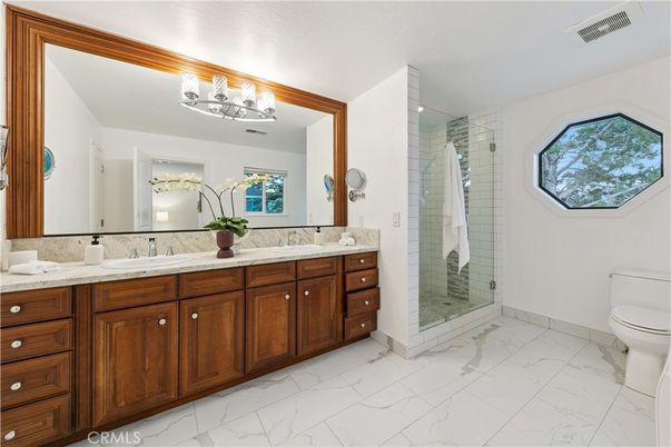 Bathroom, Dual Sink Vanities, Glass Shower, Interior, Marble