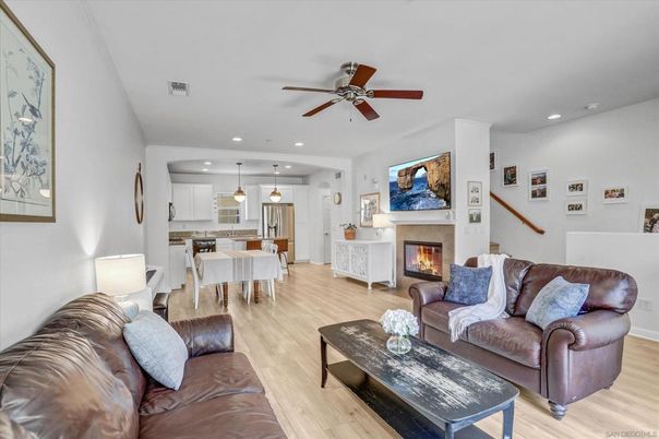 Dining room, Fireplace, Interior, Kitchen, Living room, Pendant Lights, Recessed Lighting, Wood Texture Flooring