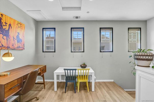 Dining room, Interior, Recessed Lighting, Wood Texture Flooring