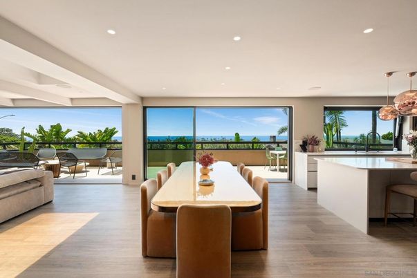 Dining room, Interior, Kitchen, Pendant Lights, Recessed Lighting, Water, Wood Texture Flooring