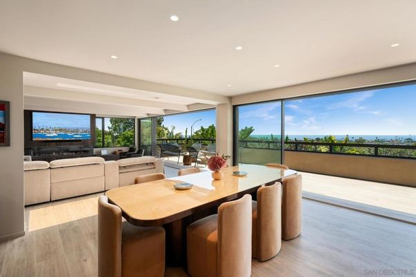 Dining room, Interior, Living room, Recessed Lighting, Water, Wood Texture Flooring