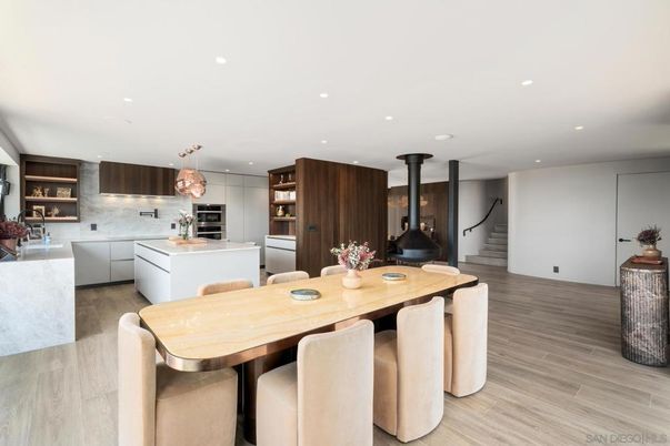 Dining room, Interior, Kitchen, Pendant Lights, Recessed Lighting, Stainless Steel Appliances, Wood Texture Flooring