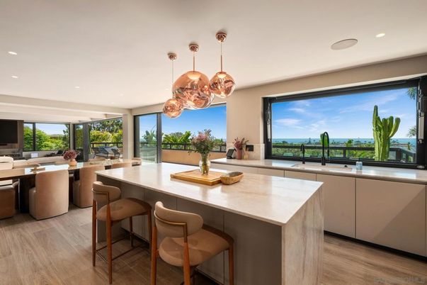 Dining room, Interior, Kitchen, Pendant Lights, Recessed Lighting, Water, Wood Texture Flooring