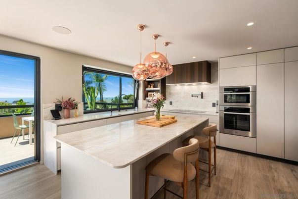 Interior, Kitchen, Pendant Lights, Recessed Lighting, Stainless Steel Appliances, Water, Wood Texture Flooring
