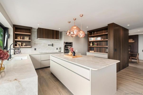 Interior, Kitchen, Pendant Lights, Recessed Lighting, Stainless Steel Appliances, Wood Texture Flooring