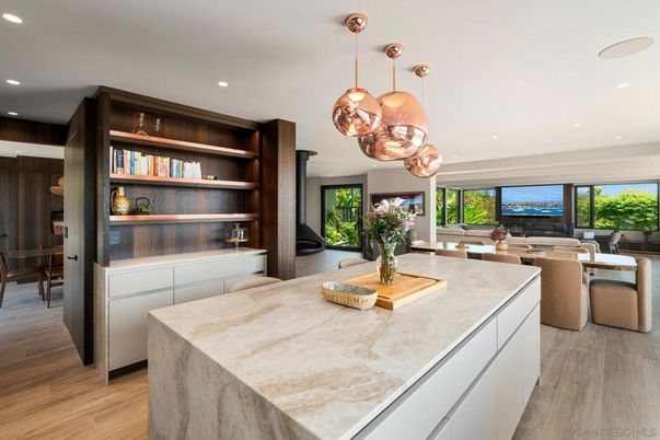 Dining room, Interior, Kitchen, Living room, Pendant Lights, Recessed Lighting, Water, Wood Texture Flooring