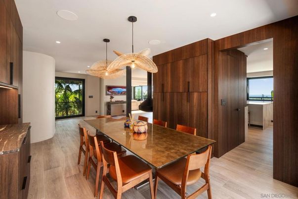 Dining room, Interior, Kitchen, Pendant Lights, Recessed Lighting, Wood Texture Flooring