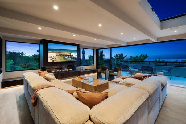 Interior, Living room, Projection Screen, Recessed Lighting, Water, Wood Texture Flooring