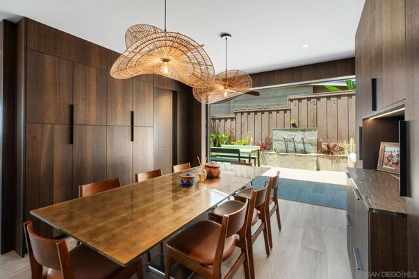 Dining room, Interior, Pendant Lights, Recessed Lighting, Wood Texture Flooring
