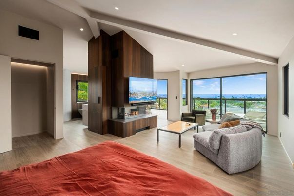 Fireplace, Interior, Living room, Recessed Lighting, Water, Wood Texture Flooring
