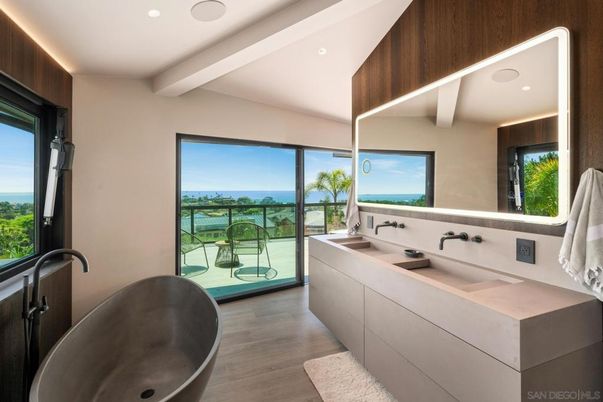Bathroom, Dual Sink Vanities, Free Standing Baths, Interior, Recessed Lighting, Water, Wood Texture Flooring