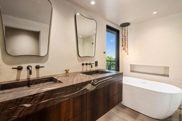Bathroom, Dual Sink Vanities, Free Standing Baths, Interior, Pendant Lights, Recessed Lighting, Wood Texture Flooring