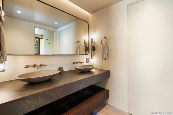 Bathroom, Dual Sink Vanities, Interior, Recessed Lighting, Wood Texture Flooring