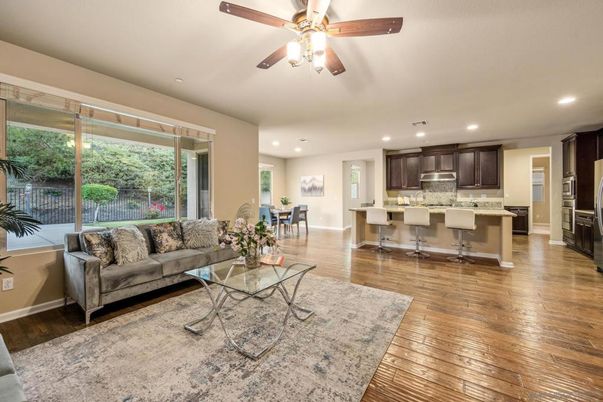 Dining room, Interior, Kitchen, Living room, Recessed Lighting, Stainless Steel Appliances, Wood Texture Flooring