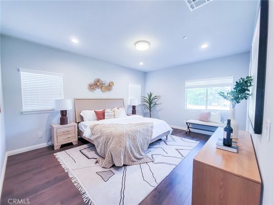 Bedroom, Interior, Recessed Lighting, Wood Texture Flooring