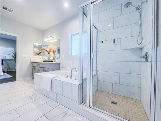 Bathroom, Glass Shower, Interior, Marble, Marble Walls, Recessed Lighting