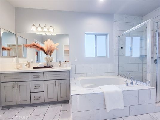 Bathroom, Dual Sink Vanities, Glass Shower, Interior, Marble, Marble Walls