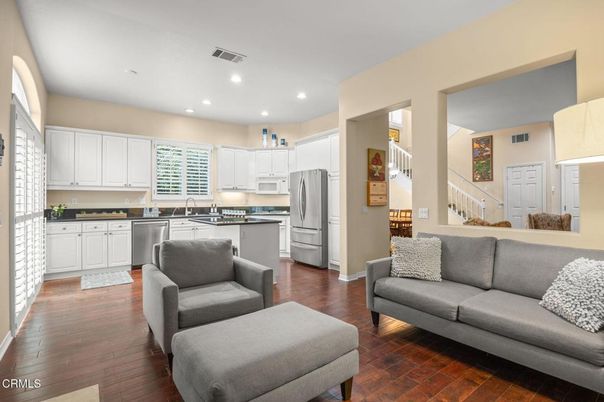 Interior, Kitchen, Living room, Recessed Lighting, Stainless Steel Appliances, Wood Texture Flooring