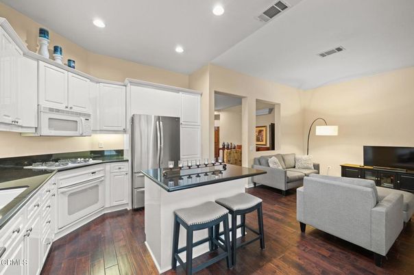 Interior, Kitchen, Living room, Recessed Lighting, Stainless Steel Appliances, Wood Texture Flooring