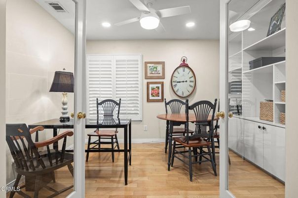 Dining room, Interior, Recessed Lighting, Wood Texture Flooring