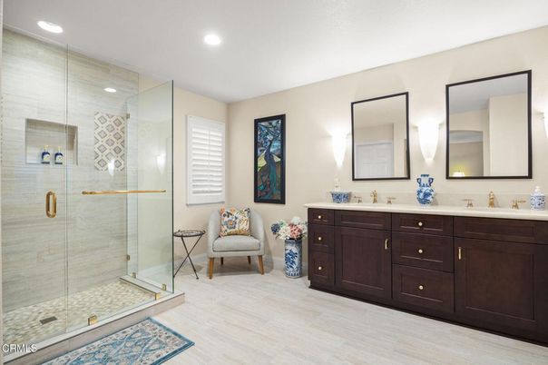 Bathroom, Dual Sink Vanities, Glass Shower, Interior, Recessed Lighting, Wood Texture Flooring