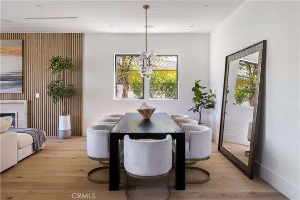 Dining room, Interior, Pendant Lights, Recessed Lighting, Wood Texture Flooring