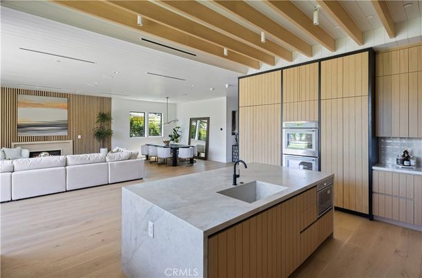 Fireplace, Interior, Kitchen, Living room, Pendant Lights, Recessed Lighting, Wooden Beams, Wood Texture Flooring