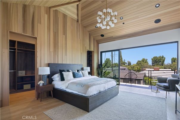 Bedroom, Interior, Pendant Lights, Recessed Lighting, Wooden Ceilings, Wood Texture Flooring, Wooden Walls