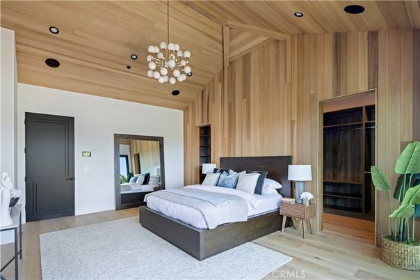 Bedroom, Interior, Pendant Lights, Recessed Lighting, Wooden Ceilings, Wood Texture Flooring, Wooden Walls