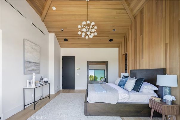 Bedroom, Interior, Pendant Lights, Recessed Lighting, Wooden Ceilings, Wood Texture Flooring, Wooden Walls