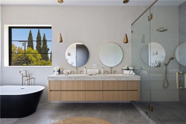 Bathroom, Dual Sink Vanities, Free Standing Baths, Glass Shower, Interior, Pendant Lights