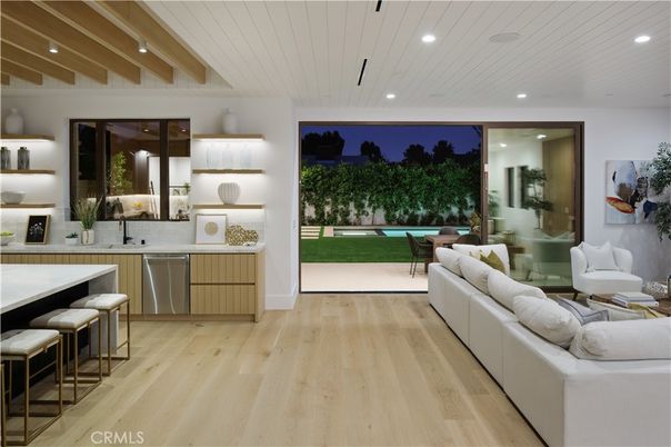 Interior, Kitchen, Living room, Recessed Lighting, Stainless Steel Appliances, Wood Texture Flooring
