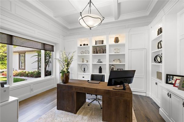 Home Office, Interior, Pendant Lights, Wood Texture Flooring