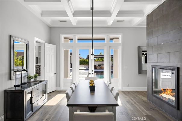 Dining room, Fireplace, Interior, Pendant Lights, Wood Texture Flooring