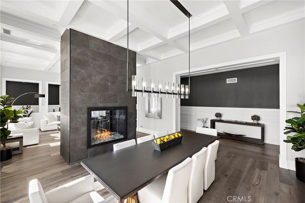 Dining room, Fireplace, Interior, Living room, Pendant Lights, Wood Texture Flooring