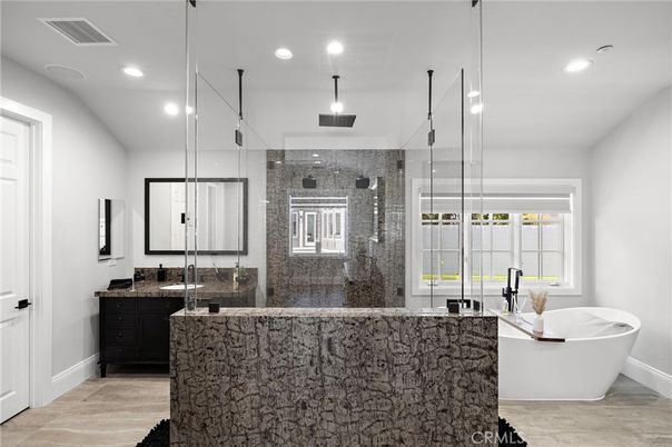 Bathroom, Dual Sink Vanities, Free Standing Baths, Glass Shower, Interior, Pendant Lights, Recessed Lighting