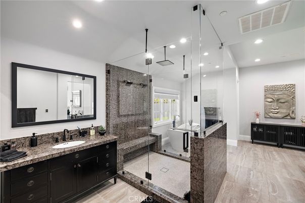 Bathroom, Dual Sink Vanities, Free Standing Baths, Glass Shower, Interior, Pendant Lights, Recessed Lighting