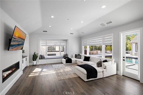 Fireplace, Interior, Living room, Recessed Lighting, Wood Texture Flooring