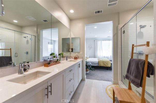 Bathroom, Bedroom, Dual Sink Vanities, Glass Shower, Interior, Recessed Lighting, Wood Texture Flooring